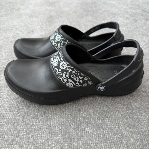 Crocs Shoes Womens Size 9 Black Work Clogs Slip Resistant CrocsLock Floral Band - Picture 1 of 15